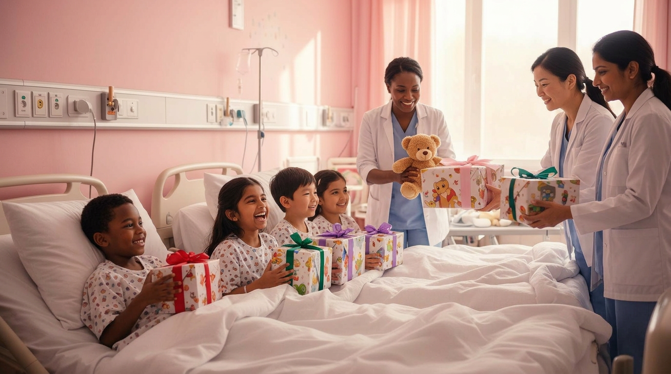 Volunteers delivering gifts to smiling children in a hospital ward